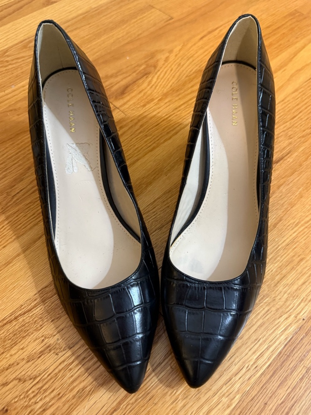 Cole Haan Women's Black Croc Embossed Leather Block Heel Pointed Toe Size 10B